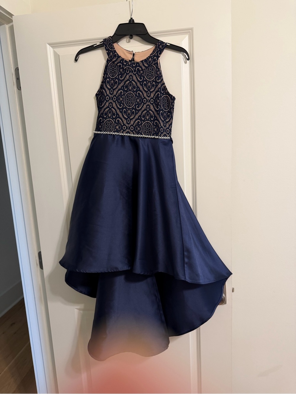 Girls Navy Lace & Satin High-Low Dress